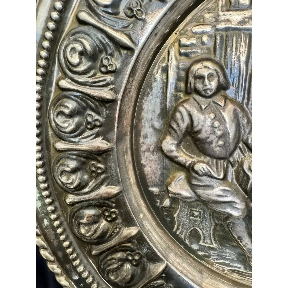 Mid Century Peerage English Brass Hammered Art Plate Pub Scene